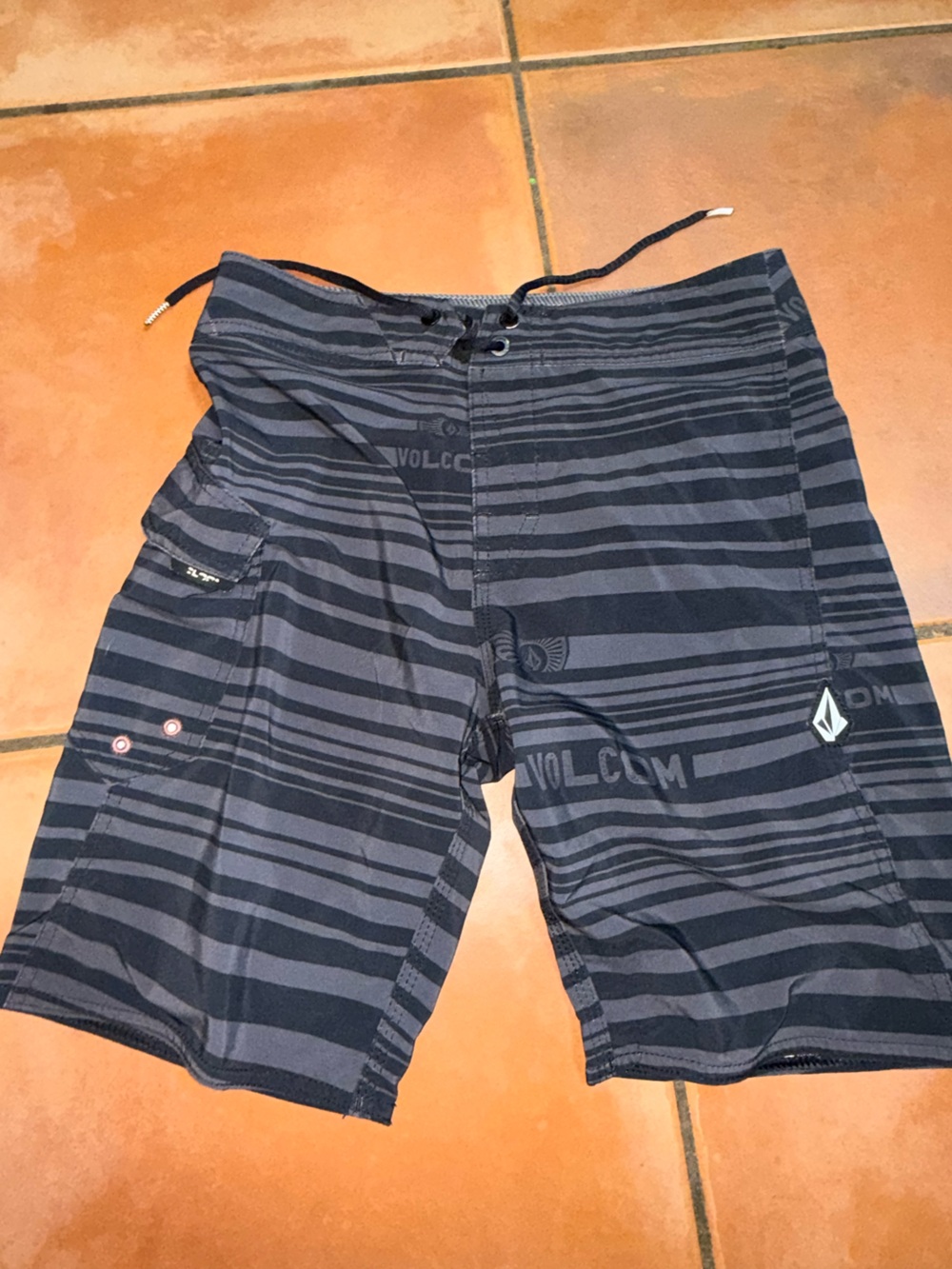 Volcom Boys Black & Charcoal Striped Swim Trunks